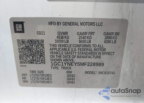 2021 Chevrolet Silverado 2500Hd 4Wd Standard Bed Lt z USA, uszkodzony, nr VIN 1GC1YNEY5MF228989